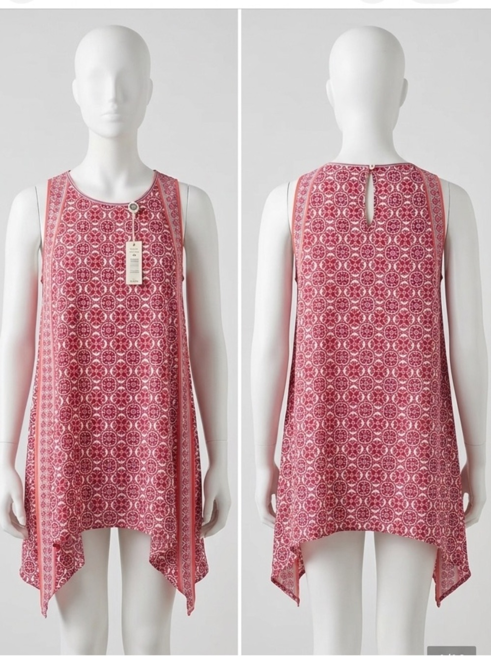 Max Studio Boho Print Red & White Shark bite Hem Sleeveless Top Medium NWT